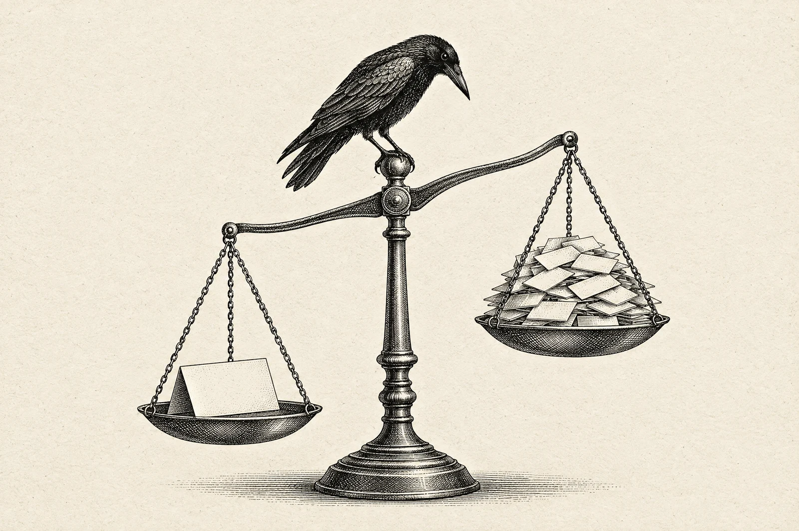 An engraved balance weighing the elements of an ecommerce offer.