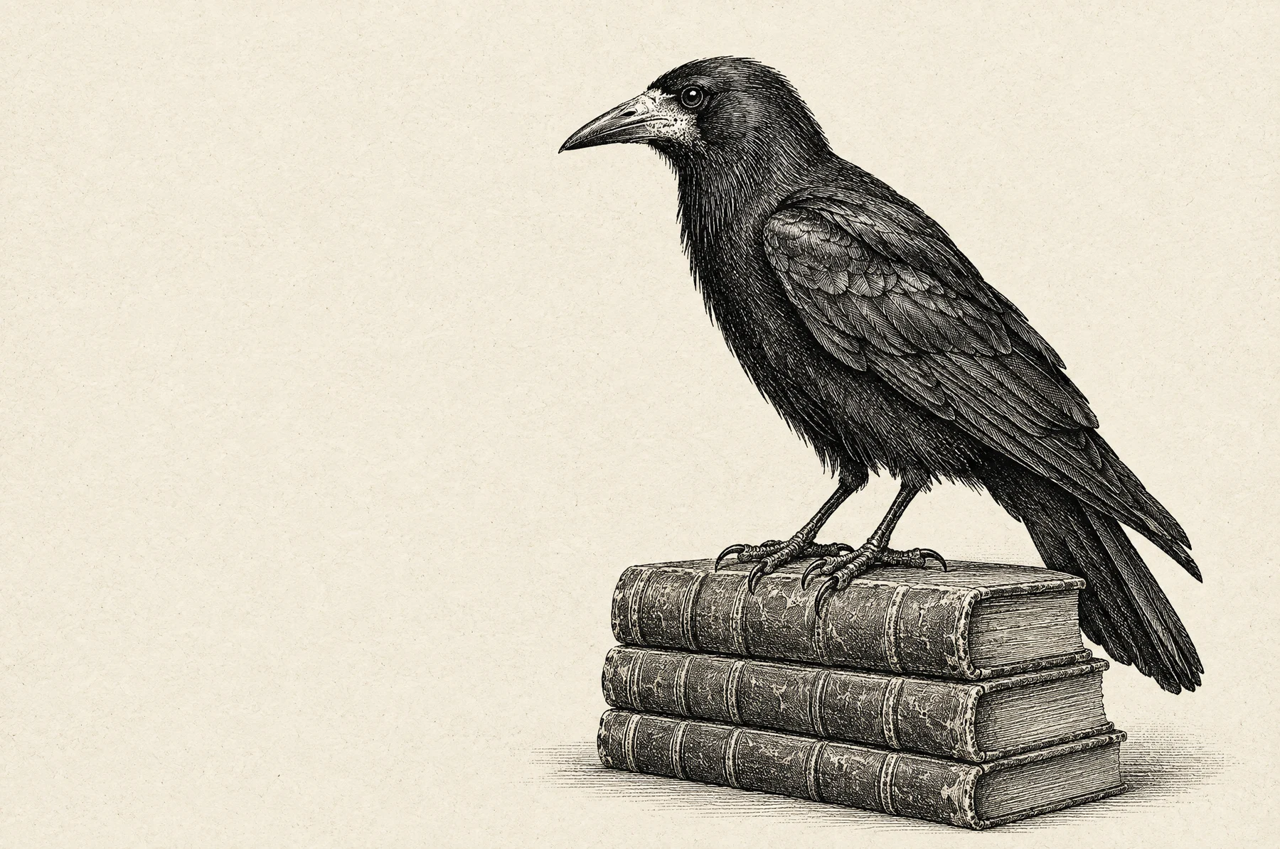 A finely engraved rook perched on a stack of archive ledgers.