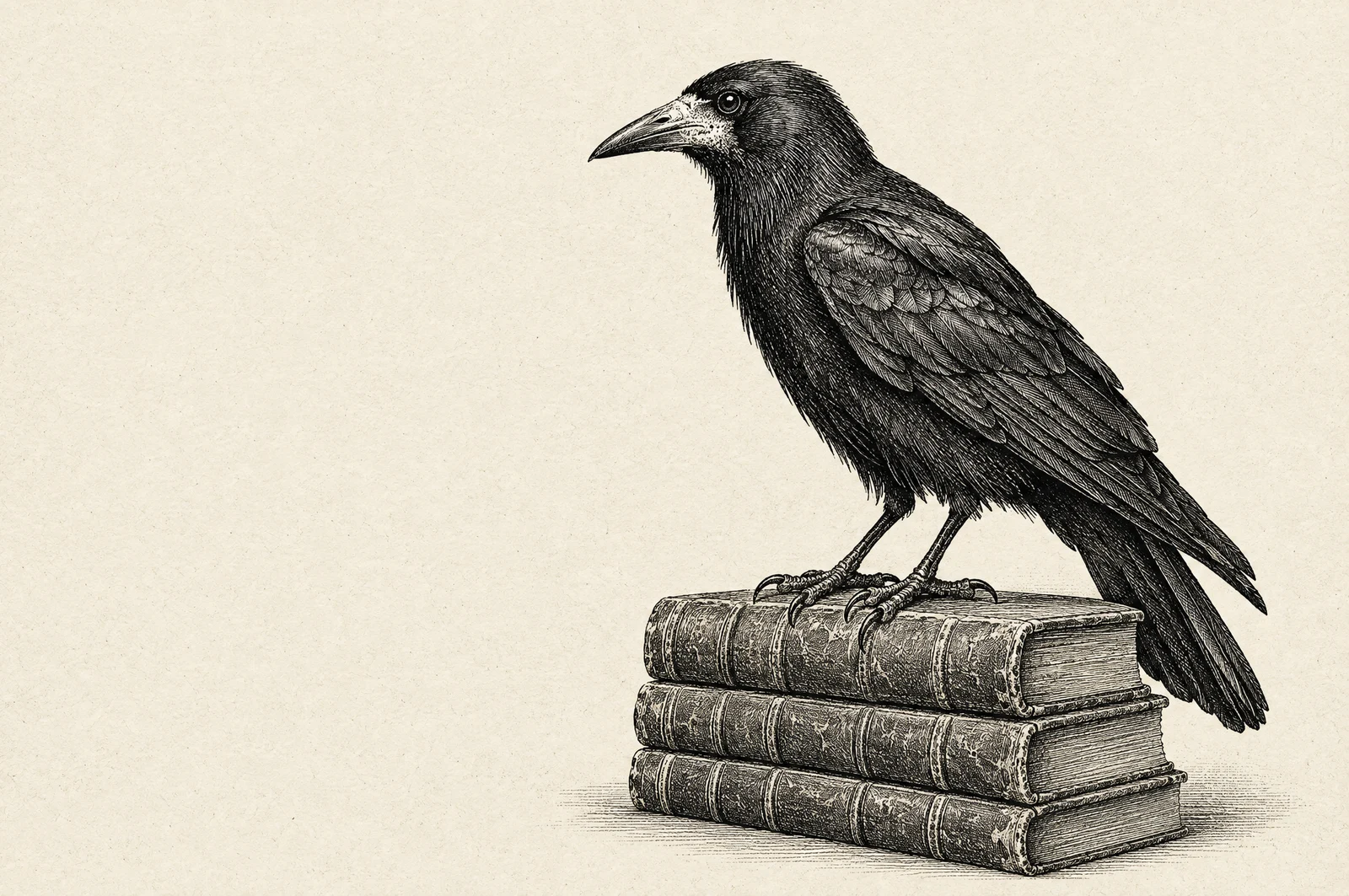 An engraved rook perched on three closed archive ledgers.