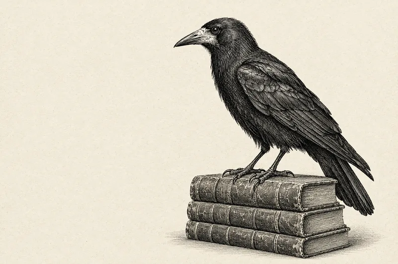 An engraved rook perched on three closed archive ledgers.